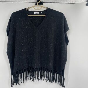 525 America Black Marled Cashmere Poncho Sweater with Fringe